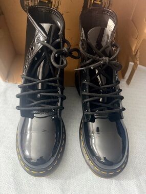 Dr. Martens Black Patent Lace-Up Ankle Boots with Yellow Stitching